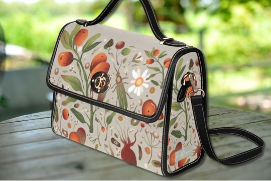 Discover Cottagecore Meadow Berries Satchel Handbag Purse, Boho Canvas Satchel Bag Purse, vegan leather strap retro floral orange bag, Summer Nature