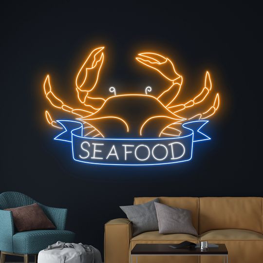 Discover Seafood Crab Neon Sign, Crab Seafood Led Sign, Crab Led Light, Crab Neon Light, Sea Food Shop Wall Room Decor, Seafood Restaurant Neon Light