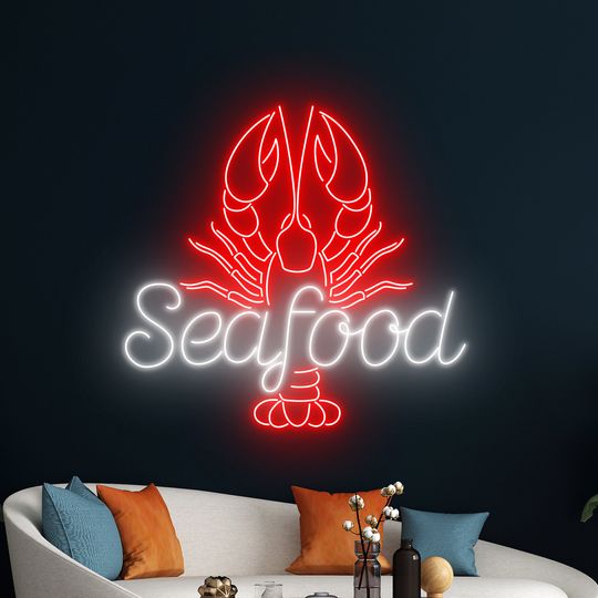 Discover Seafood Lobster Neon Sign, Open Seafood Led Sign, Lobster Led Light, Crawfish Neon Light, Sea Food Wall Room Decor, Sea Food Shop Neon Light