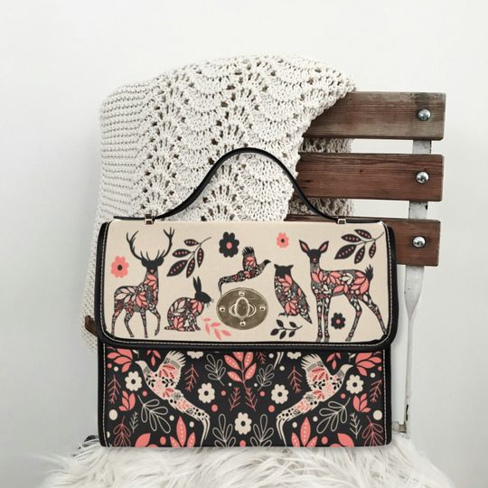 Discover Folk Animal Woodland Cottagecore Canvas Satchel Bag, deer rabbit owl purse