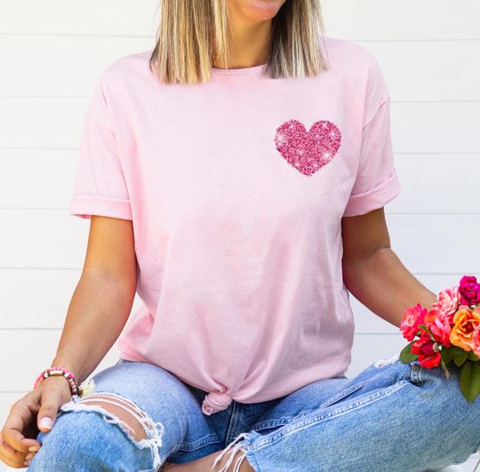 Discover Glitter Heart Pocket Shirt, Minimalist Valentine Day Gift, Women Valentines Shirt, Wedding Anniversary Shirt