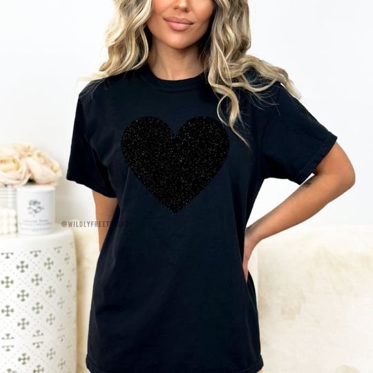 Discover Womens Black On Black Monochromatic Heart Shirt, Glitter Heart Shirt, Heart Tee Shirt