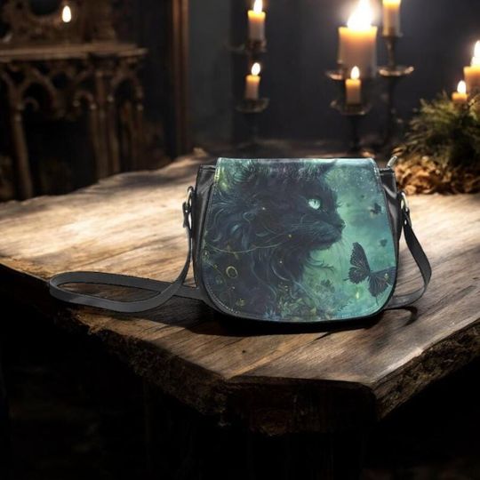 Discover Whimsigoth Bag Dark Cottagecore Witch PU Leather Saddle Bag Witchy Bag Goth Black Cat Crossed Body Purse Gothic Goblincore Gift for Her