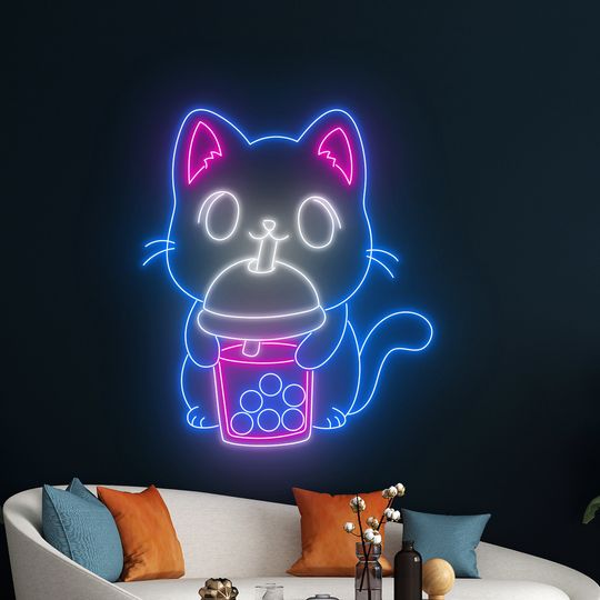 Discover Cat Drinking Boba Tea Neon Sign, Boba Tea Neon Light, Milk Tea Led Sign, Tea Drink Led Light, Room Wall Decor, Coffee Open Neon Light