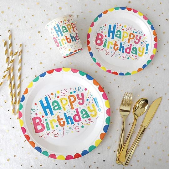 Discover Happy Birthday Party Tableware Disposable Dinnerware Paper Plates Cups Party Supplies Rainbow Confetti Decoration