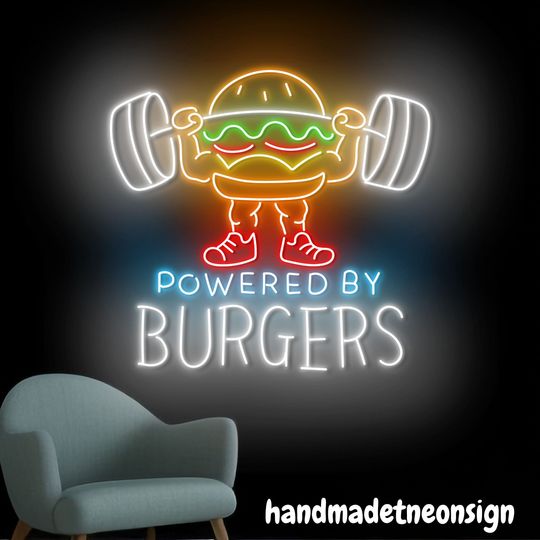 Discover Burger Workout Neon Sign, Burger Weightlifting Led Sign, Burger Neon Light, Burger Led Light, Burger Store Wall Art, Restaurant Wall Decor
