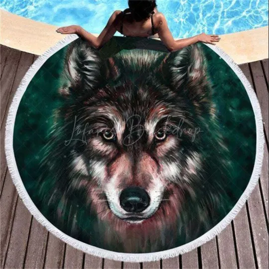 Discover Lofaris Adorable Wolf Portrait Cartoon Round Beach Towel