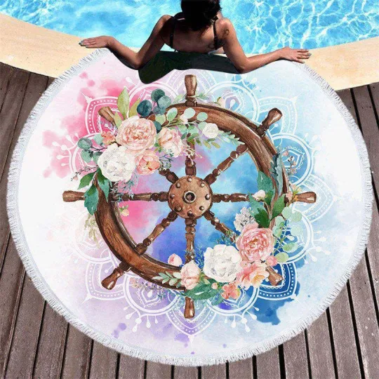 Discover Flowery Helm Mandala Coastal Round Beach Towel
