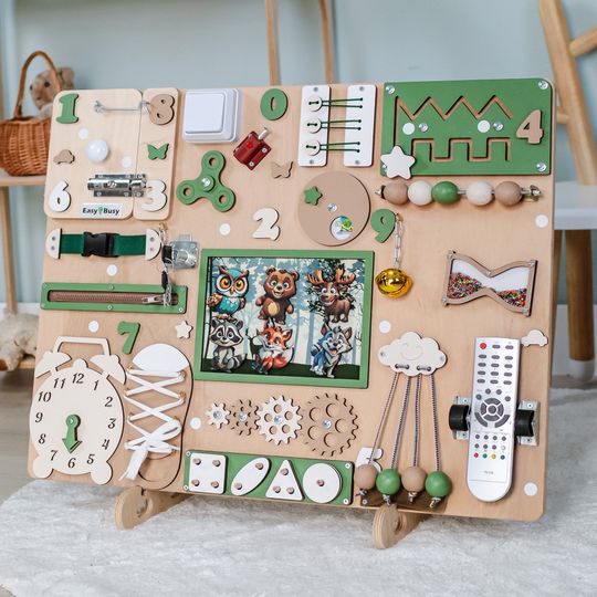 Discover Personalized Busy Board with Animals, Sensory Board Gift for toddler 1 2 3 4 Year Old, Wooden Montessori Board, Educational fidget Wall Toys