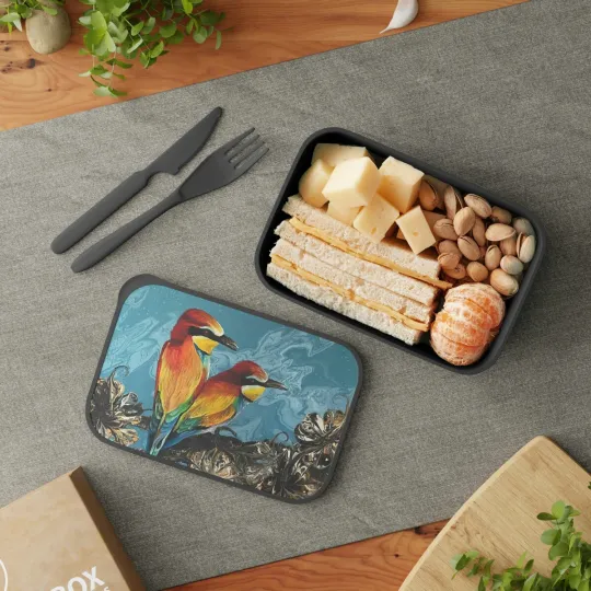 Discover PLA Bento Box with Band and Utensils. ‘Love birds’