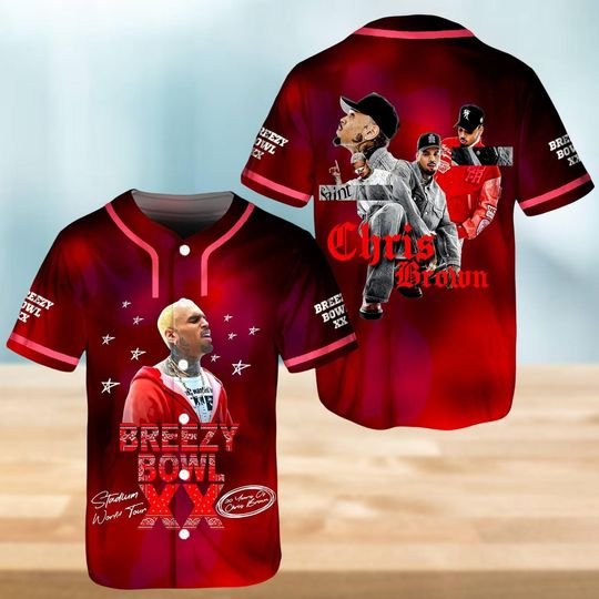 Discover Breezy Bowl XX Tour Concert Jersey Shirt, Chris Brown Red Baseball Jersey, Hip Hop Fan Streetwear Jersey, Gift For Fan