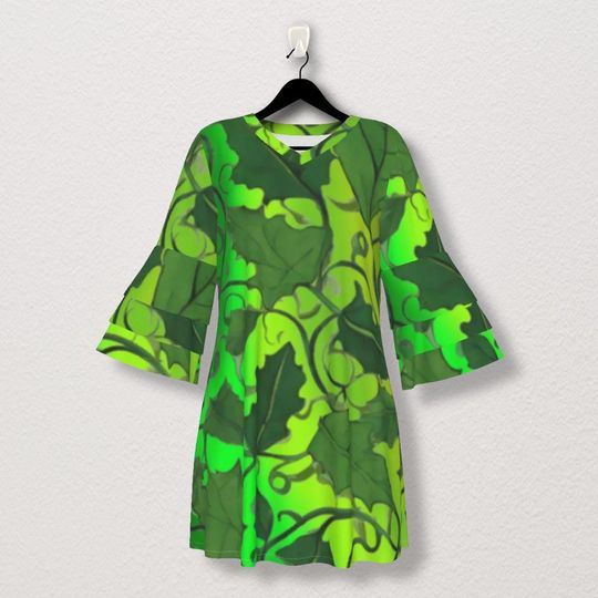 Discover Boho Elegant Stacked Ruffle Sleeve Dress Adorned with Lush Green Vine Leaves