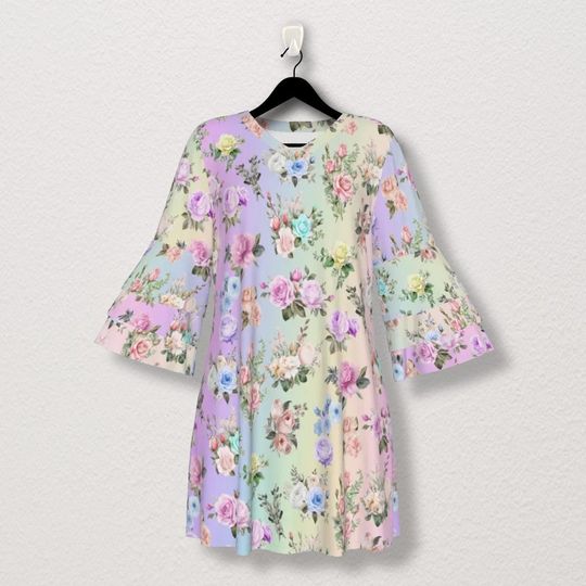 Discover Stacked Ruffle Boho-Inspired Women's Sleeve Dress in Pastel Rainbow Floral Print