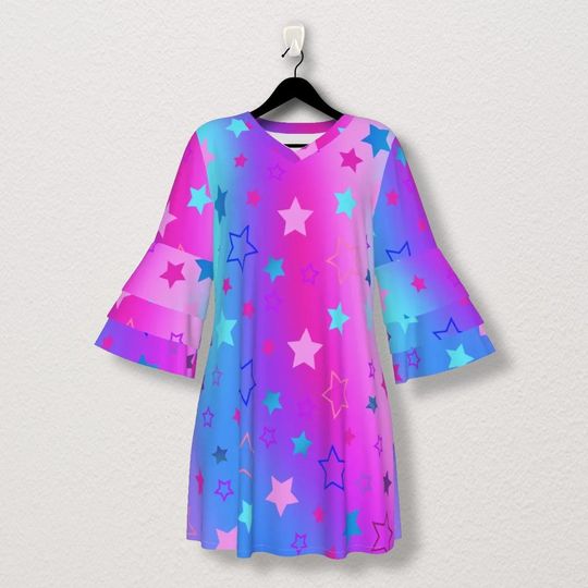 Discover Dreamy Stacked Ruffle Sleeve Dress - Pink, Purple & Blue Stars on Gradient Background