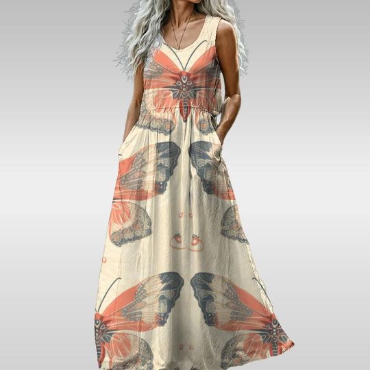 Discover Womens Sleeveless Maxi Dress Peach Butterfly
