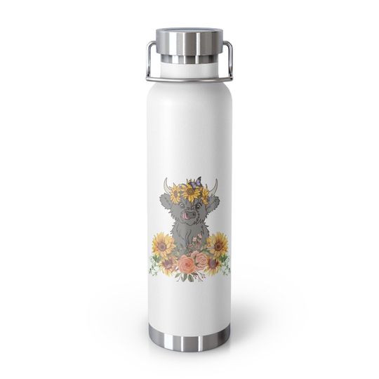 Discover Bottle - Floral Highland Calf Design, 22oz Copper Vacuum Insulated