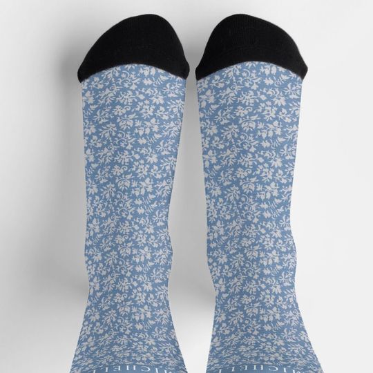 Discover Custom Steel Blue Floral Silver White Flowers Socks