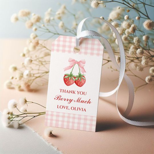 Discover Berry Sweet strawberry birthday Pink Bow Gingham Gift Tags