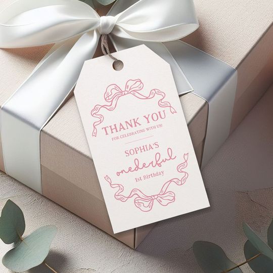 Discover Doodle Pink Bow Baby Girl 1st Birthday Gift Tags