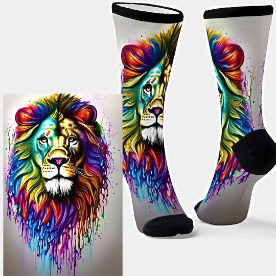 Discover Fantasy Paint Drip Bright Rainbow Colors Lion Leo  Crew Socks