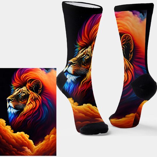 Discover Colorful Lion with Cloud Smoke Mane on Black Crew  Socks