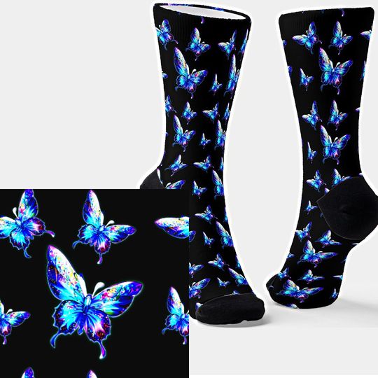 Discover Iridescent Blue Butterflies on Black Crew Socks