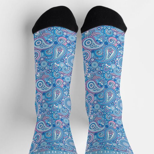 Discover Custom Bright Blue White Pink Paisley Pattern Crew Socks