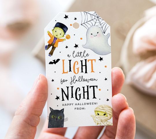 Discover A Little Light For Halloween Night Tag, Glow Stick Holder, Printable Happy Halloween Favor Tags, Halloween Gift Tag