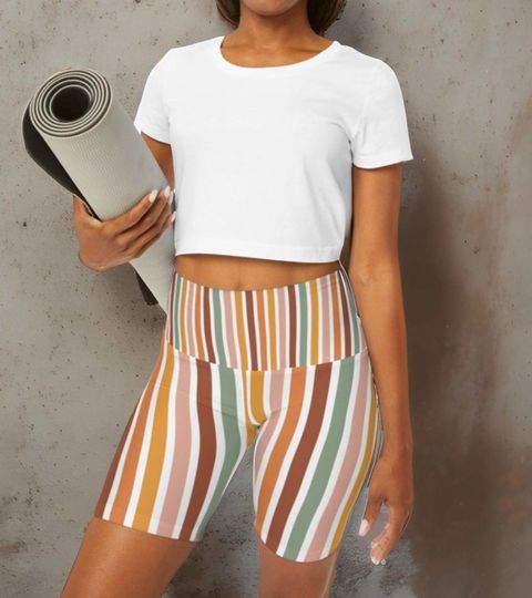 Discover Boho Striped High Waisted Yoga Shorts, Cute Hiking Shorts, Stripes Lover Workout Clothes, Boho Biker Shorts, Stretchy Workout Shorts