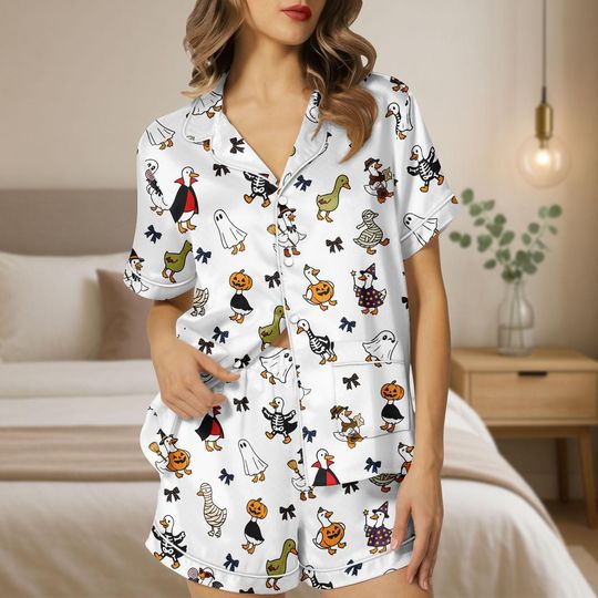 Discover Duck Halloween Satin Pajama Set, Cute Mummy Ghost Pumpkin Pjs, Cozy Satin Sleepwear
