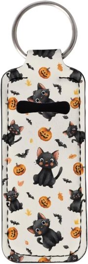 Discover Black Cats & Pumpkin Print Chapstick Holder Keychain Clip-on Sleeve Chap Stick