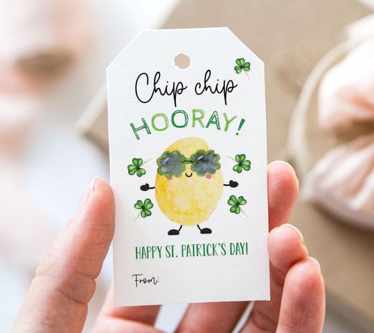 Discover Chip Chip Hooray Happy St. Patrick's Day Chips Tag, Printable Happy St. Patrick's Day Favor Tags, Shamrocks Clover Gift Tag