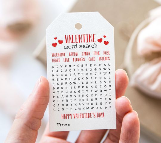 Discover Valentine Word Search Game Tag, Printable Happy Valentine's Day Favor Tags, Valentine Classroom School Activity Gift Tag
