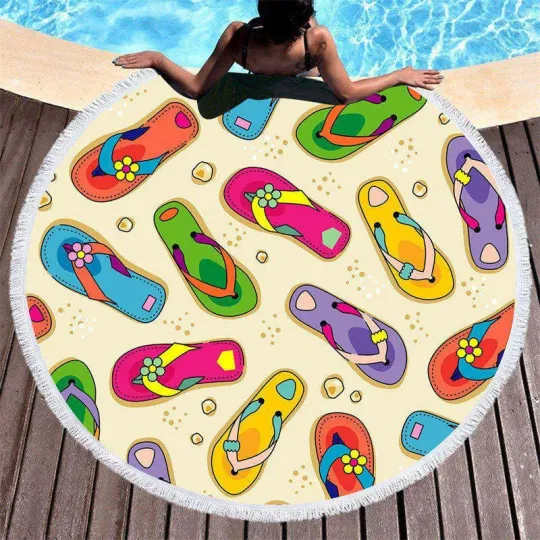 Discover Colorful Slippers Beige Round Beach Towel With Fringe