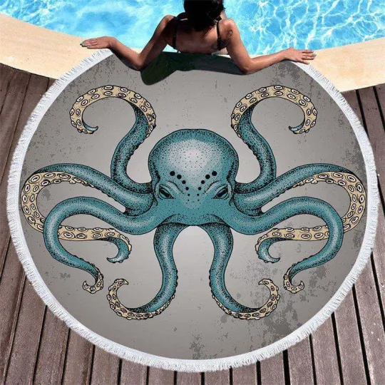 Discover Octopoda Grey Coastal Round Beach Towel With Fringe