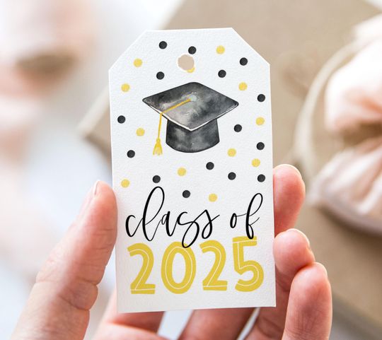 Discover Graduation Class of 2025 Tag, Printable End Of School Year Favor Tags, Graduate Hat Congratulations Gold Confetti Grad Party Gift Tag
