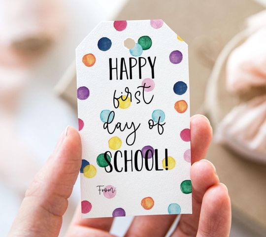 Discover Happy First Day of School Tag, Printable First Day of School Favor Tags, Rainbow Confetti Spots Back to School Gift Tag