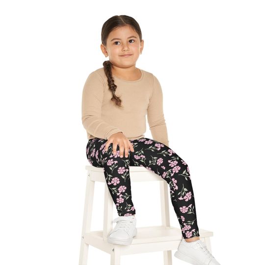 Discover Pink Flower Kids Black Leggings, Trendy Stretchy Dance