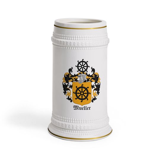 Discover Coat of Arms of the Mueller Family - Beer Stein Mug