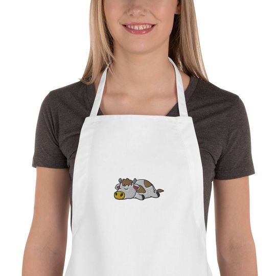 Discover Embroidered Lazy Cow Apron, Cow lover, Cow gift, Cute cow, Funny Cow, animal apron, kawaii, chef gift, Cow mama, Cow gifts, home cook gifts
