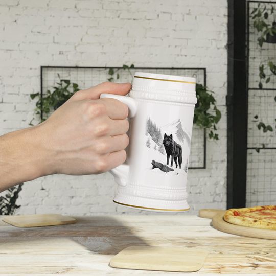 Discover Black Wolf Stein Mug - 22oz Ceramic Beer Cup with Backcountry Wilderness Design