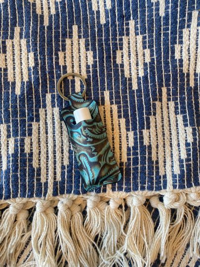 Discover Tooled Leather Print Chapstick Holder Keychain