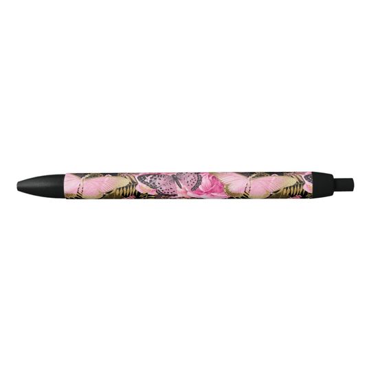 Discover Pink and Gold Foil Floral Butterfly Pattern Pen