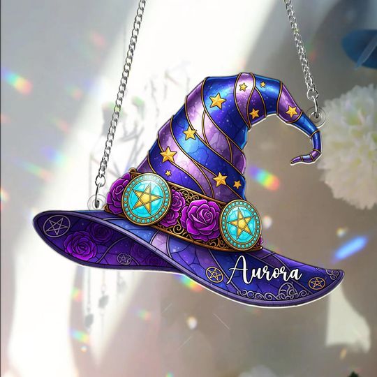 Discover Custom Witch Hat Acrylic Suncatcher, Faux Stained Glass Halloween Witch Hat