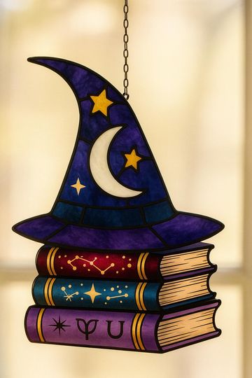 Discover Witch Hat Book Stack Acrylic Suncatcher  Fantasy Window Hanging, Book Lover Gift