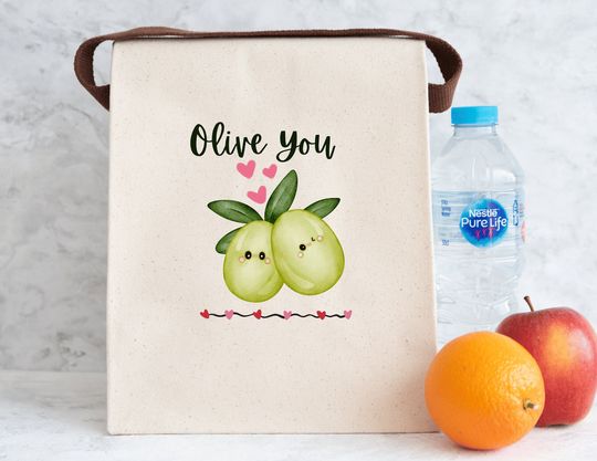 Discover Olive You Olives Graphic Lunch Bag, 100% Cotton Canvas Lunch Bag With Strap