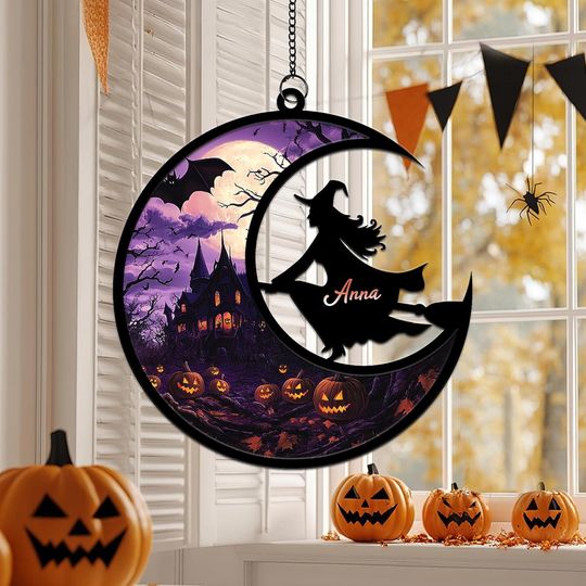 Discover Personalized Halloween Witch Suncatcher  Custom Name Flying Witch Window Ornament