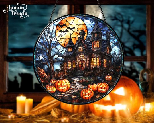 Discover Halloween Stained Glass Suncatcher, Spooky Halloween Decor, Window Hanging Decor Art