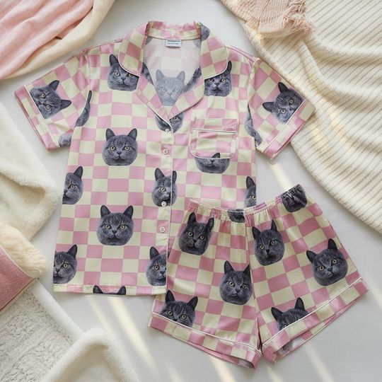 Discover Custom  Checkerboard Pajamas Set with Pet Face, Custom Photo Pajamas, Custom Birthday Pajamas with Pet Portrait, Custom Dog Cat Pajama Set