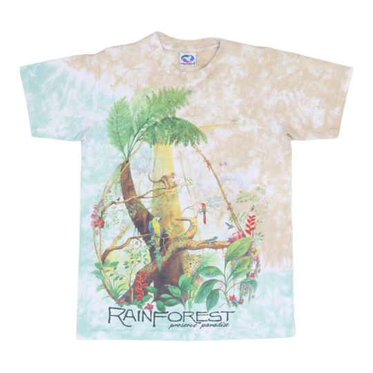 Discover vintage 1991 Rainforest Preserve Paradise Liquid Blue Tie Dye Shirt